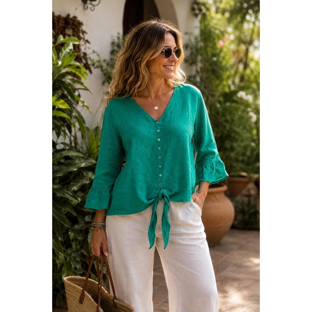 For Cynthia Petite Green 100% Linen Tie Front Blouse Bell Sleeve PL Boho